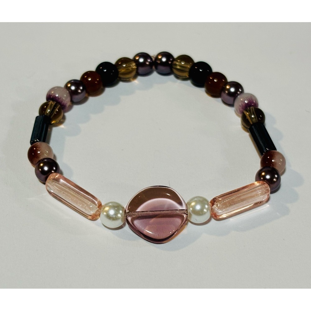 Neutral Beaded Bracelet Brown Pink Glass Beads Minimal Aesthetic Jewelry
